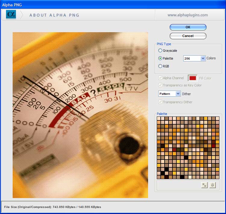 png file format transparancy semitransparancy indexed color dither palette photoshop plug-in plugins